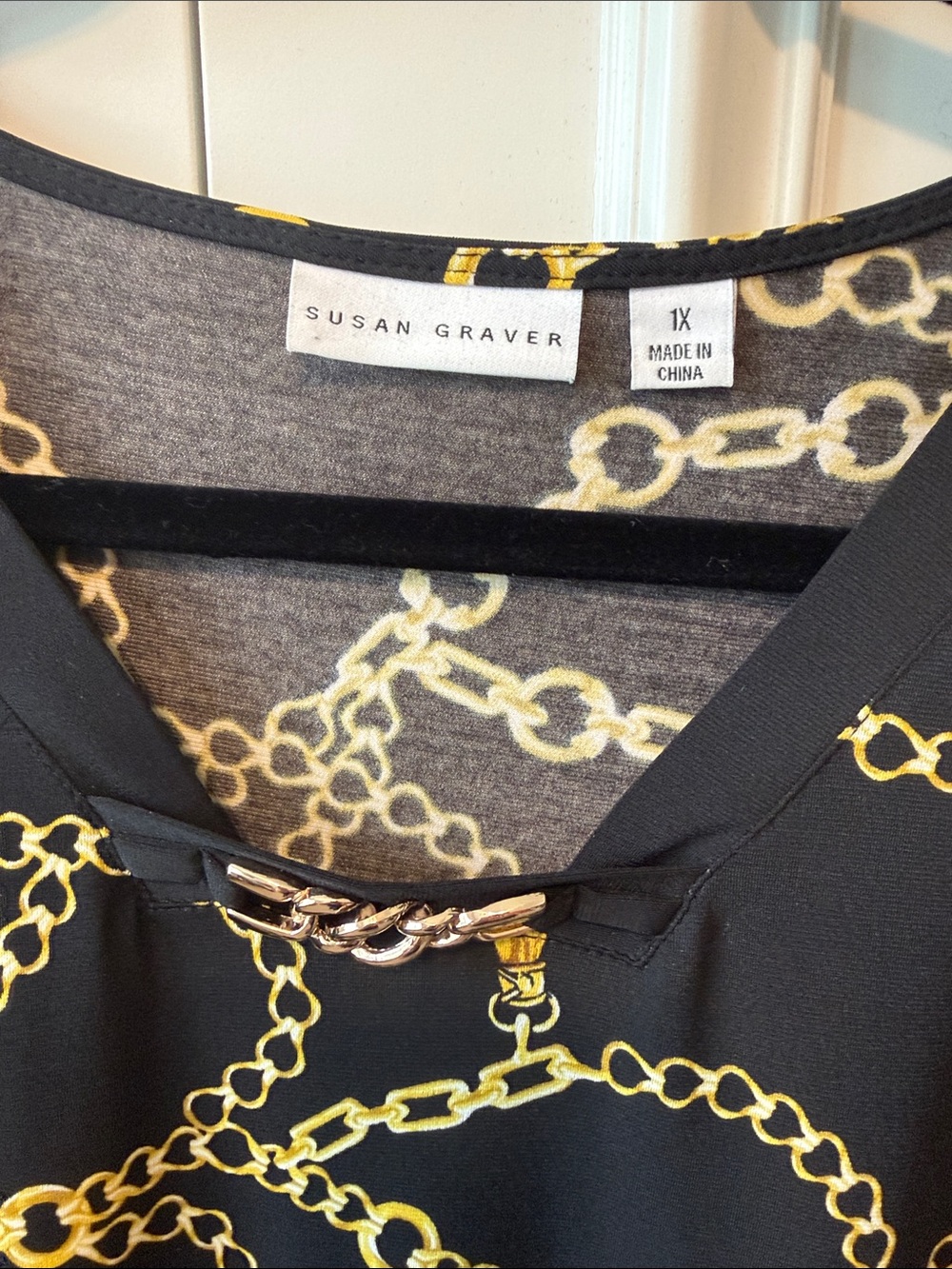 Susan Graver Black Long-Sleeve V-Neck Top with Gold Chain Print - Picture 3 of 6
